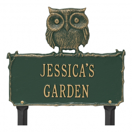 Owl Garden Lawn Plaque Green & Gold 2
