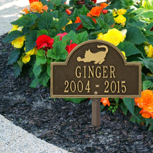 Antique Brass Cat Arch Lawn Memorial Marker  on the Beautiful Planted Sidewalk