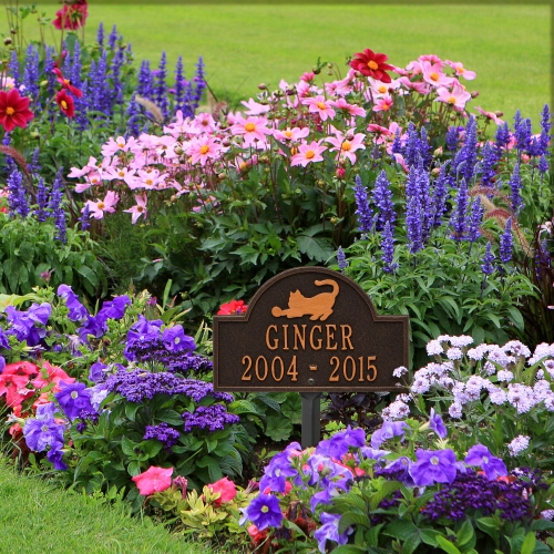 Oil-Rubbed Bronze Cat Arch Lawn Memorial Marker in Garden