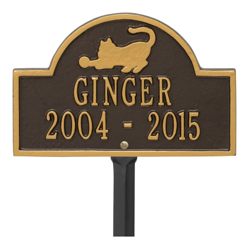 Bronze & Gold Cat Arch Lawn Memorial Marker on a Yard Stake