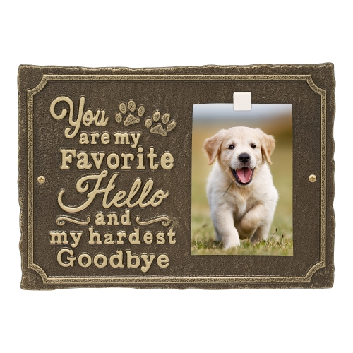 My Favorite Pet Photo Wall Sign in Antique Brass Hanging on White Wall
