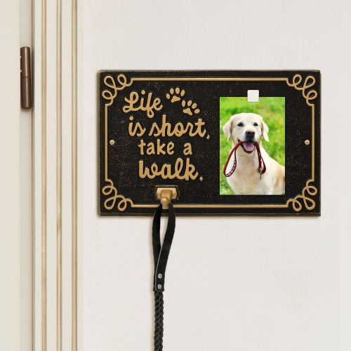 Life is Short Take a Walk Leash Hook with Photo of a Golden Retriever in Black & Gold Mounted on Wall
