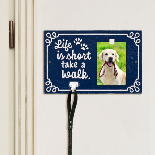 Life is Short Take a Walk Leash Hook with Photo in Dark Blue & White Mounted on Wall