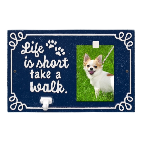 Life is Short Take a Walk Leash Hook with Photo in Dark Blue & White with a Picture of Fifi Dog