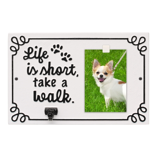 Life is Short Take a Walk Leash Hook with Photo in White & Black with a Picture of Fifi Dog