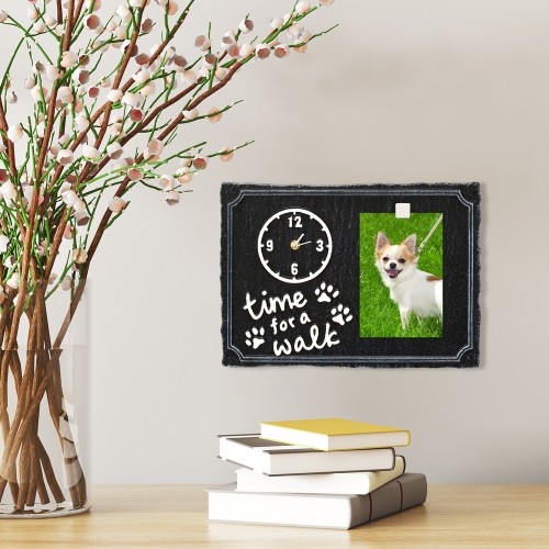 Time For A Walk Pet Photo Wall Clock in Black & White mounted on wall with picture of Fifi