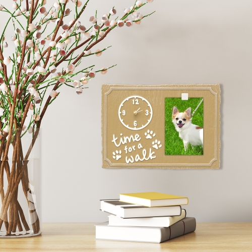 Time For A Walk Pet Photo Wall Clock in Curry & White Mounted on Wall