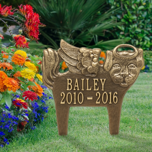 Dog Shaped Guardian Angel Memorial Plaque in Antique Brass in the Colorful Vibrant Garden