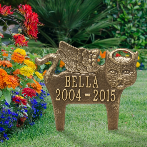 Cat Guardian Angel Memorial Lawn Plaque in Antique Brass in a Luxurious Colorful  Garden