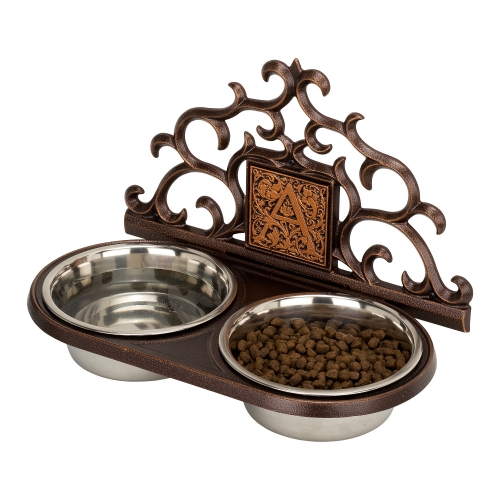 Monogram Wall Mounted Pet Feeder in Antique Copper with  View from Right