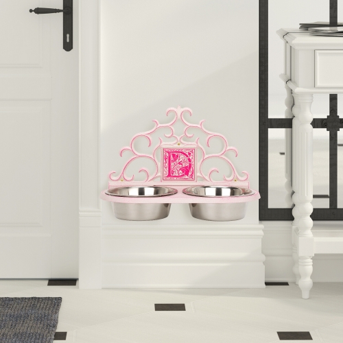 Monogram Wall Mounted Pet Feeder in Stucco & Magenta with Bright Bold decorative Letter
