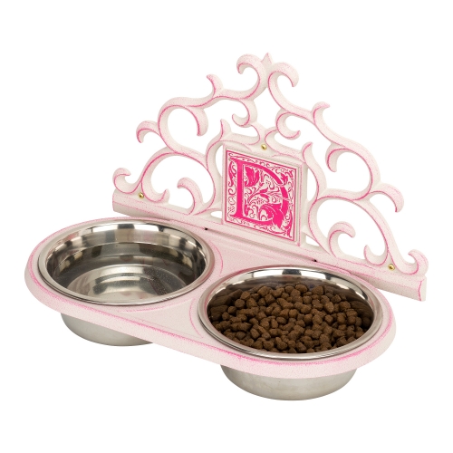 Monogram Wall Mounted Pet Feeder in Stucco & Magenta view from Right
