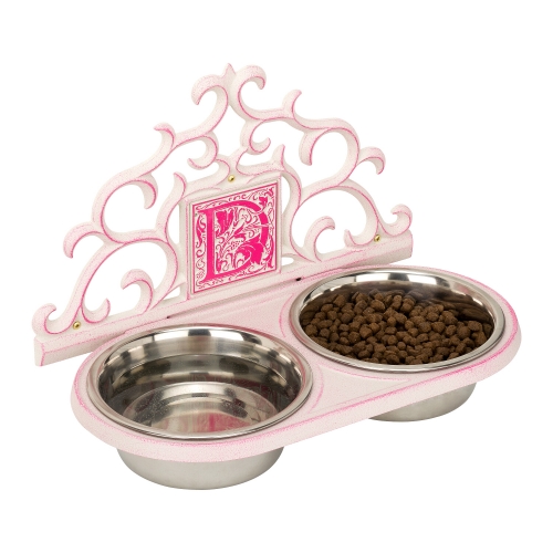 Monogram Wall Mounted Pet Feeder in Stucco & Magenta view from Left