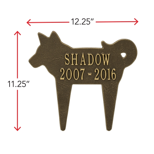 Dog Shaped Memorial Lawn Plaque in Antique Brass with Dimensions