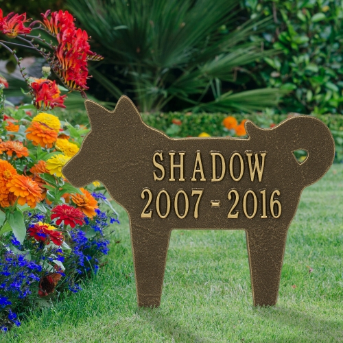 Dog Shaped Memorial Lawn Plaque in Antique Brass in the Colorful Vibrant  Garden