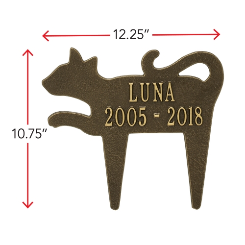 Cat Shaped Memorial Lawn Plaque in Antique Brass with Dimensions