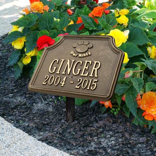 Our Kitty Cat Memorial Marker in Antique Brass in the Blooming Garden
