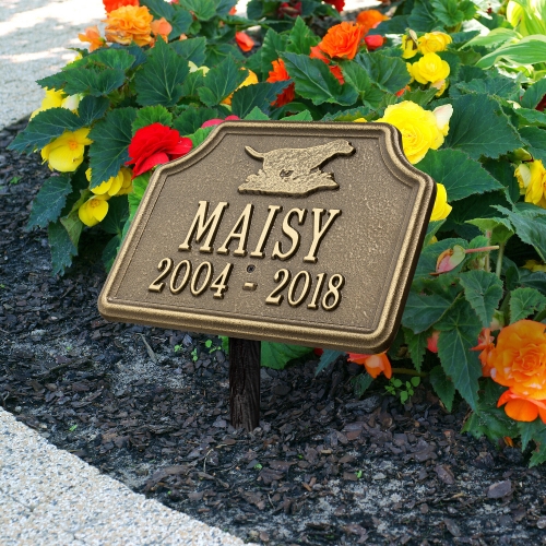 Retriever Dog Memorial Lawn Plaque in Antique Brass in the Blooming Garden