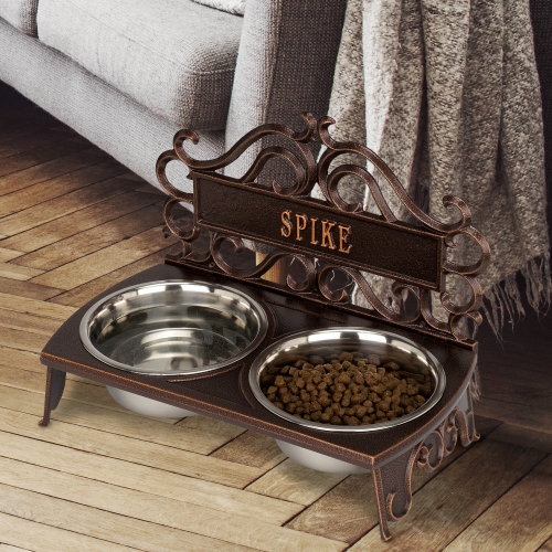 Personalized Bistro Pet Bowl in Antique Copper  with Water and Food by the Living room