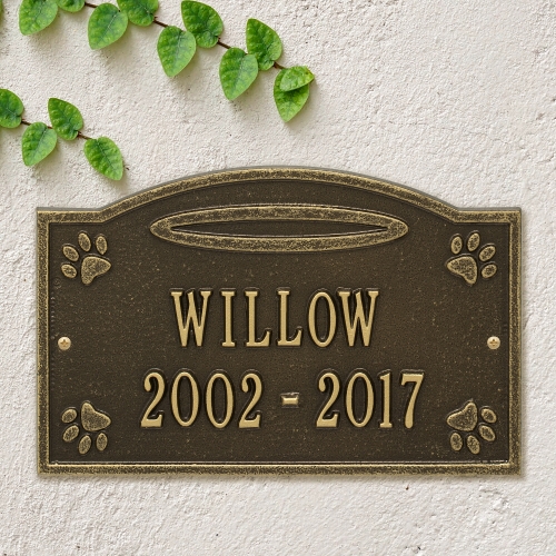 My Angel in Heaven Pet Marker for Wall or Lawn in Antique Brass on the Wall  with Vines Growing on Top