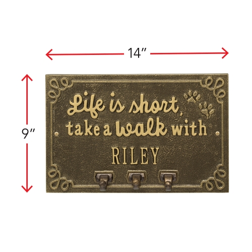 Life is Short Take a Walk Wall Sign with Hooks in Antique Brass with Dimensions