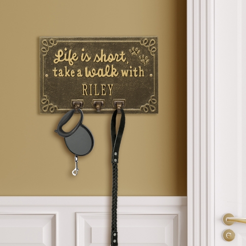 Life is Short Take a Walk Wall Sign with Hooks in Antique Brass Hanging on Gold Wall with Key Chain and Leash