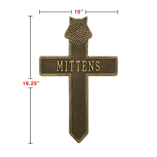Kitten with Yarn Memorial Lawn Cross Antique Brass with Dimensions