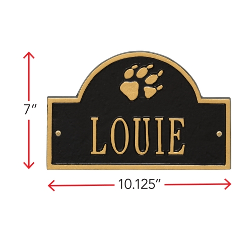 Black & Gold Dog Paw Arch Wall Memorial Marker with Dimensions