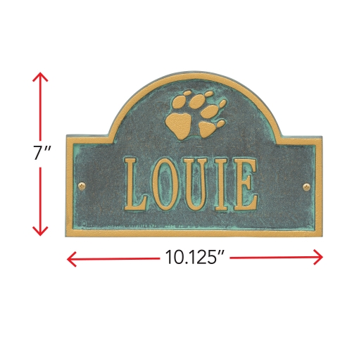Bronze Verdigris Dog Paw Arch Wall Memorial Marker with Dimensions