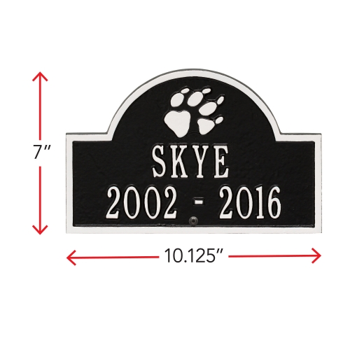 Black & White Dog Paw Arch Lawn Memorial Marker wih Dimensions