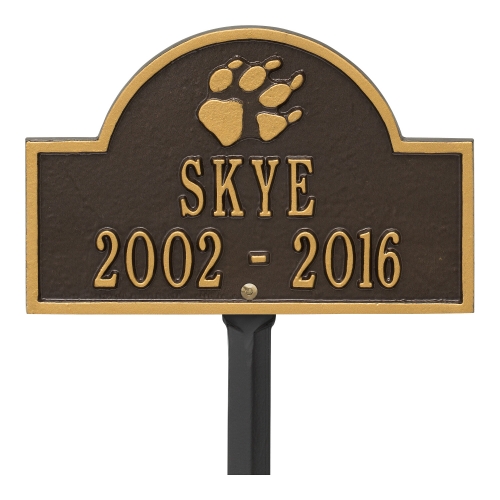Bronze & Gold Dog Paw Arch Lawn Memorial Marker on a Garden Stake