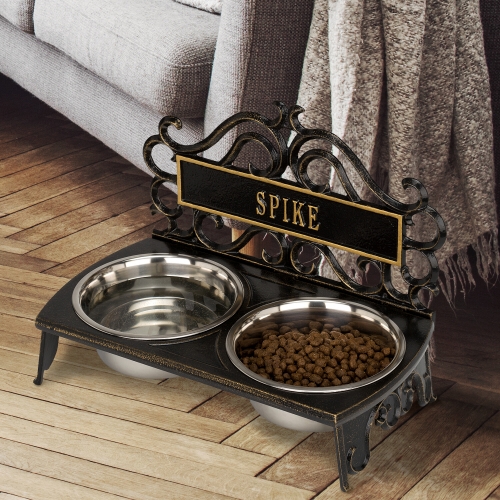 Personalized Bistro Pet Bowl in Black & Gold with Water and Food by the Living room