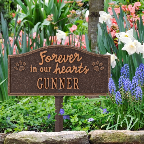 Forever in Our Hearts Memorial Yard Sign in Antique Copper in the garden