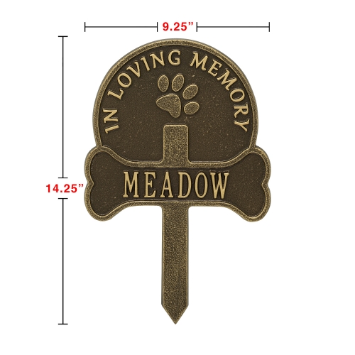 Paw & Bone Memorial Yard Sign in Antique Brass with Dimensions
